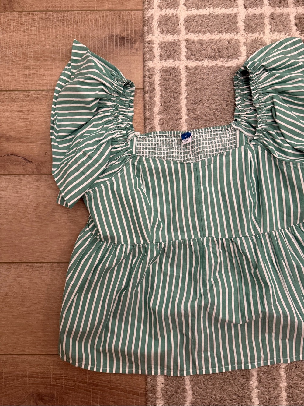 Green & White Striped Puff-Sleeve Peplum Top